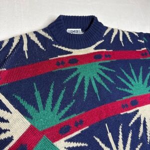 Edebe‎ Mens Vintage 80s Geometric Sunburst Knit Sweater L Navy Red Green